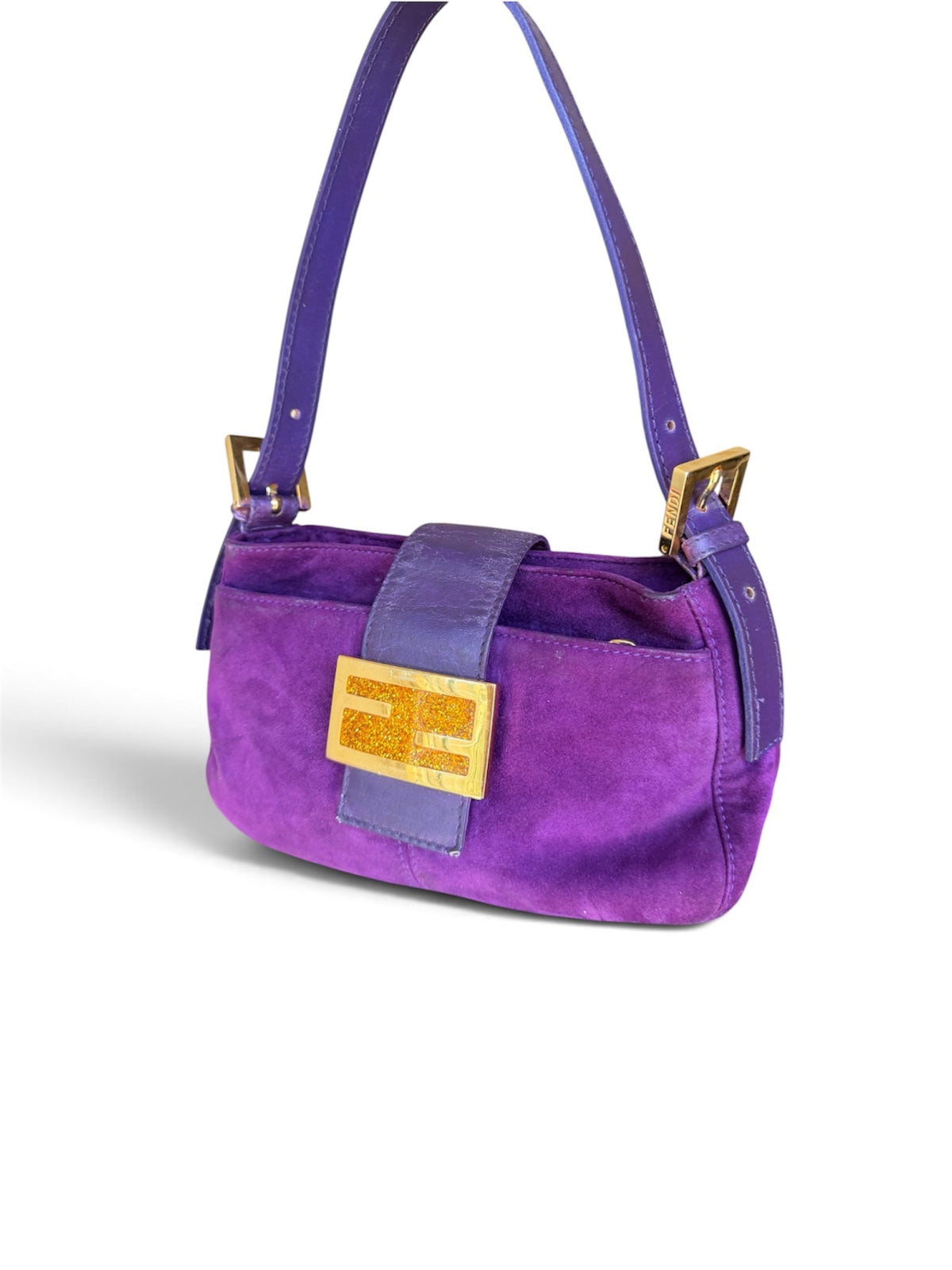 Fendi Purple Suede Baguette Shoulder Bag with Gold Glitter FF Buckle