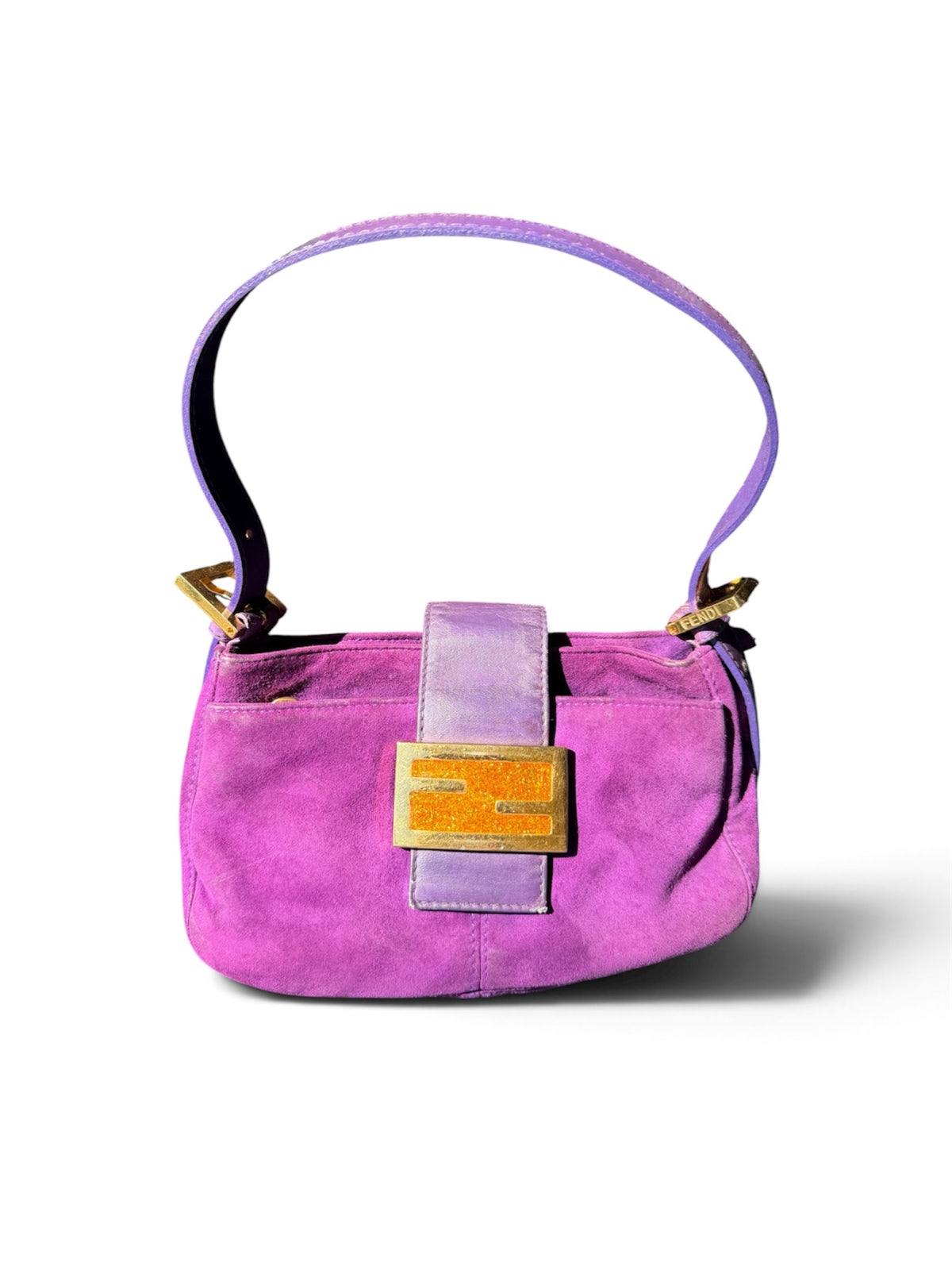 Fendi Purple Suede Baguette Shoulder Bag with Gold Glitter FF Buckle