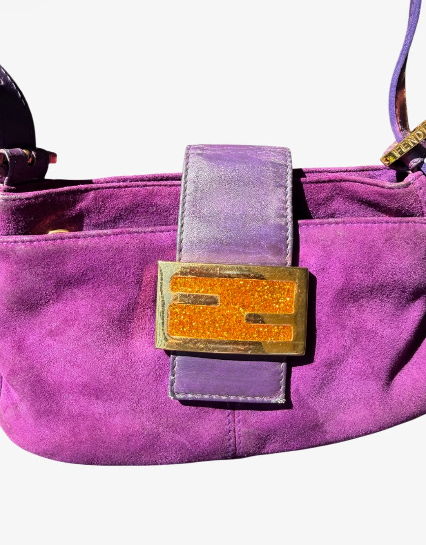 Fendi Purple Suede Baguette Shoulder Bag with Gold Glitter FF Buckle