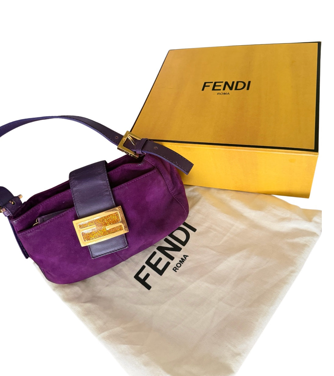 Fendi Purple Suede Baguette Shoulder Bag with Gold Glitter FF Buckle