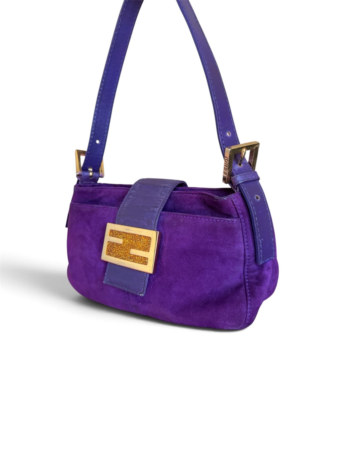 Fendi Purple Suede Baguette Shoulder Bag with Gold Glitter FF Buckle