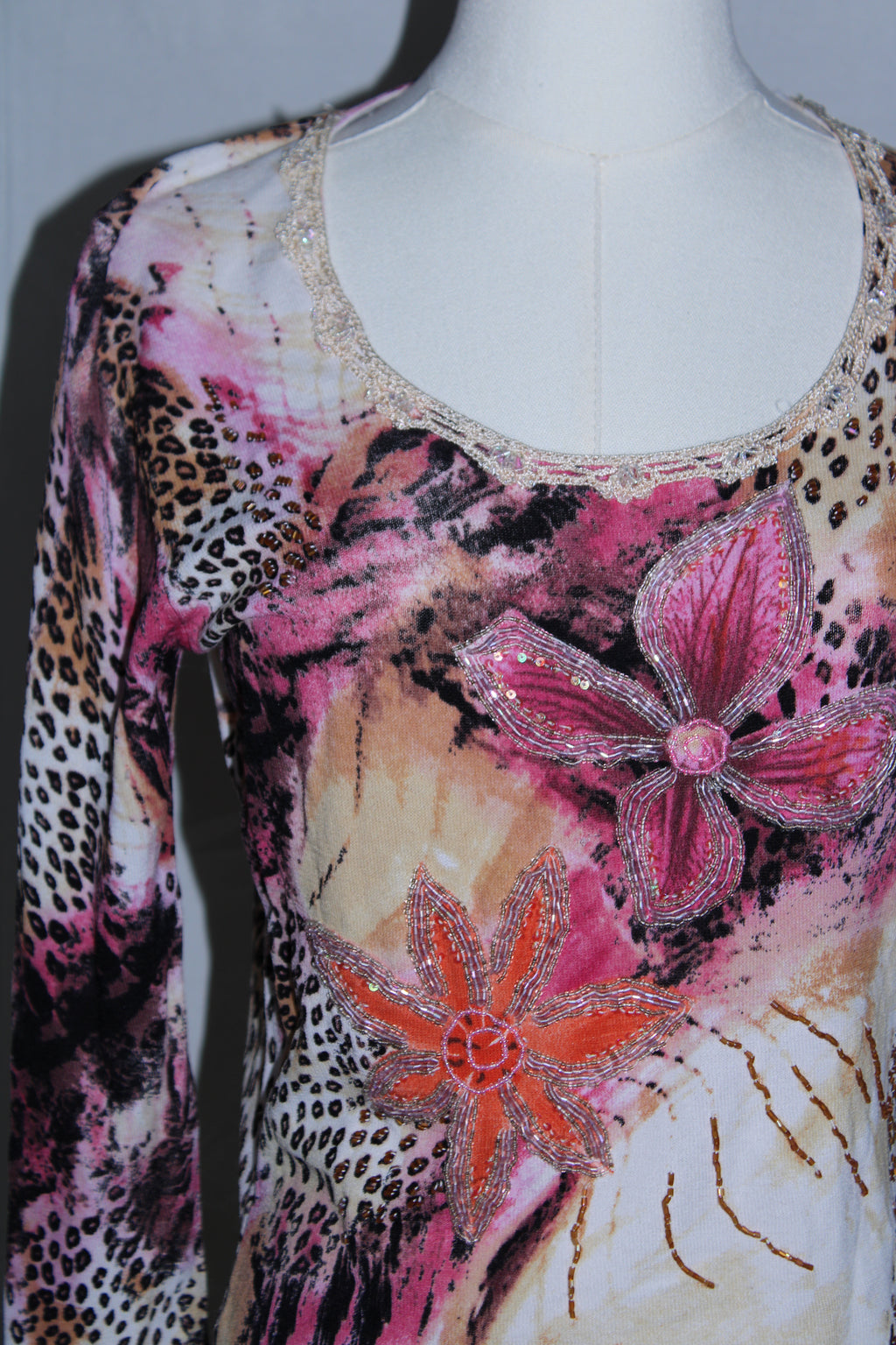 Beaded Floral Animal Print Long Sleeve