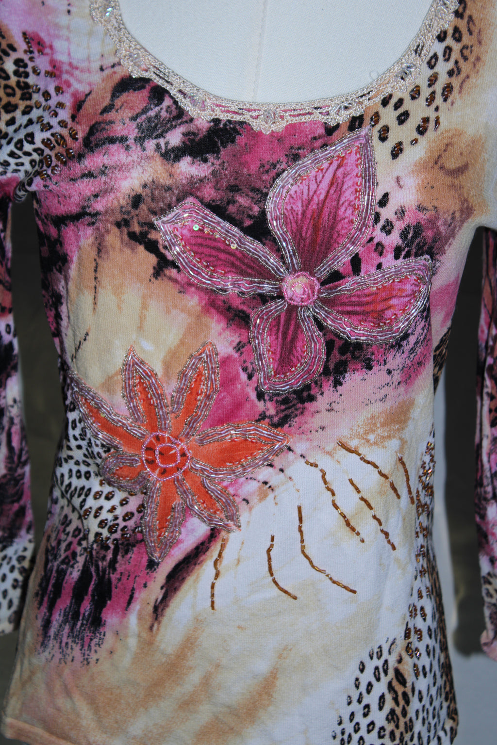 Beaded Floral Animal Print Long Sleeve