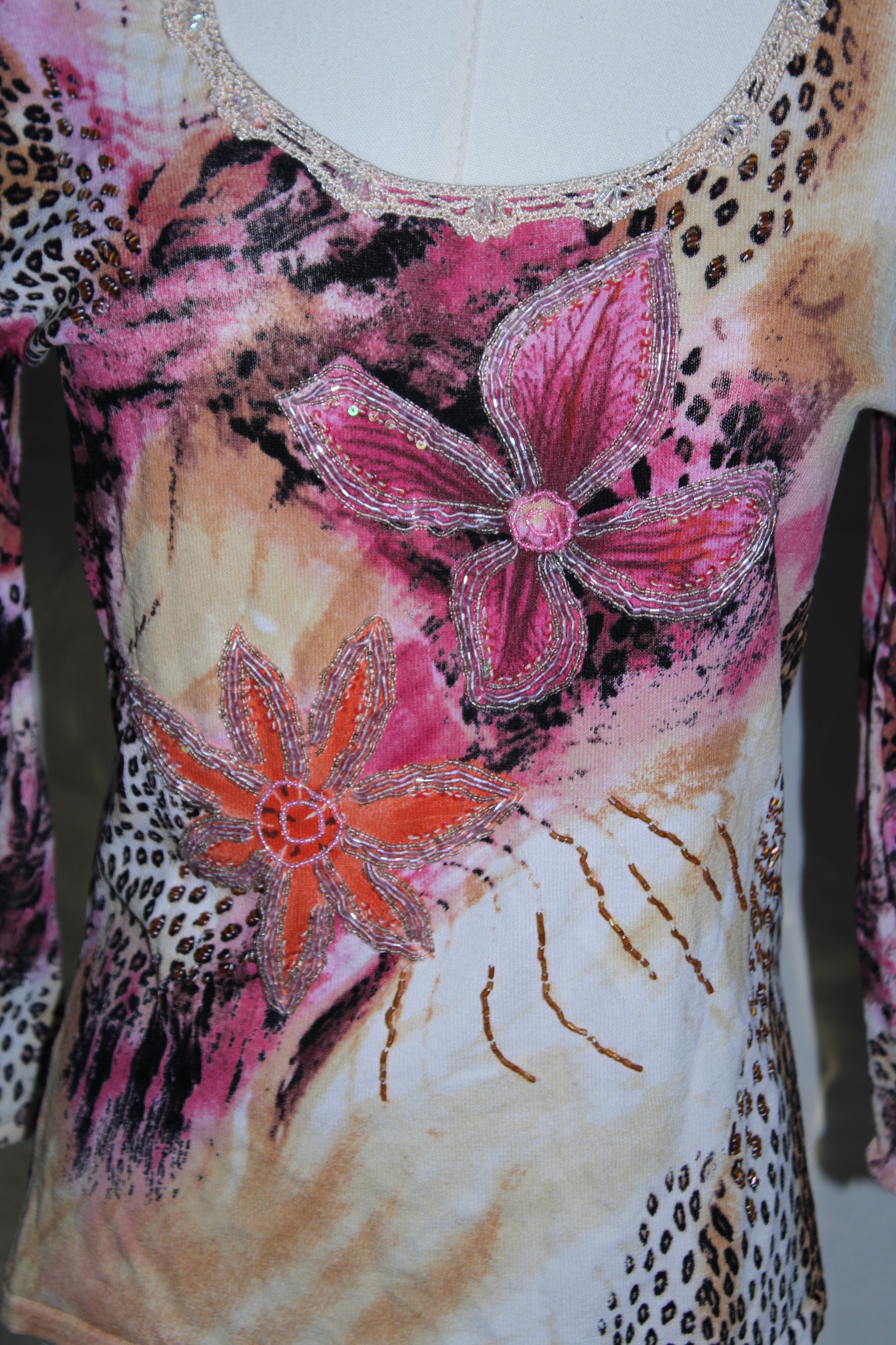 Beaded Floral Animal Print Long Sleeve