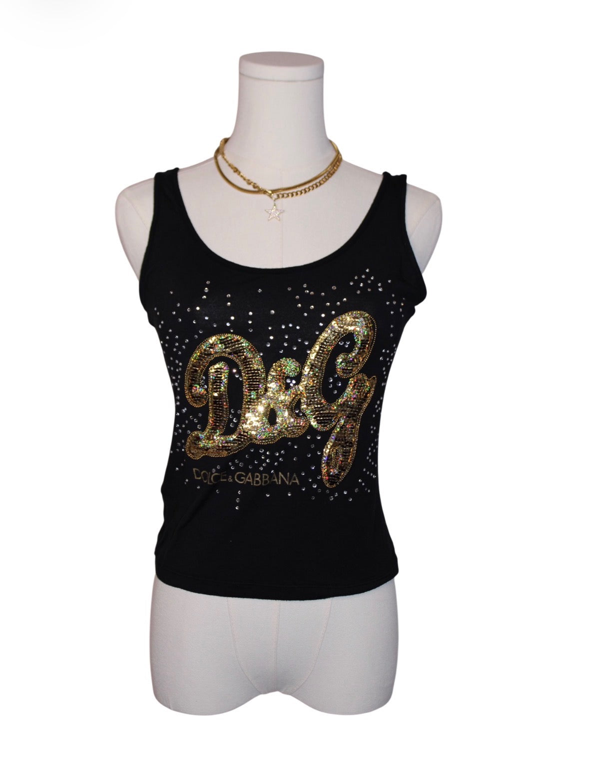 Dolce and Gabbana Black and Gold Embellished D&G Tank Top
