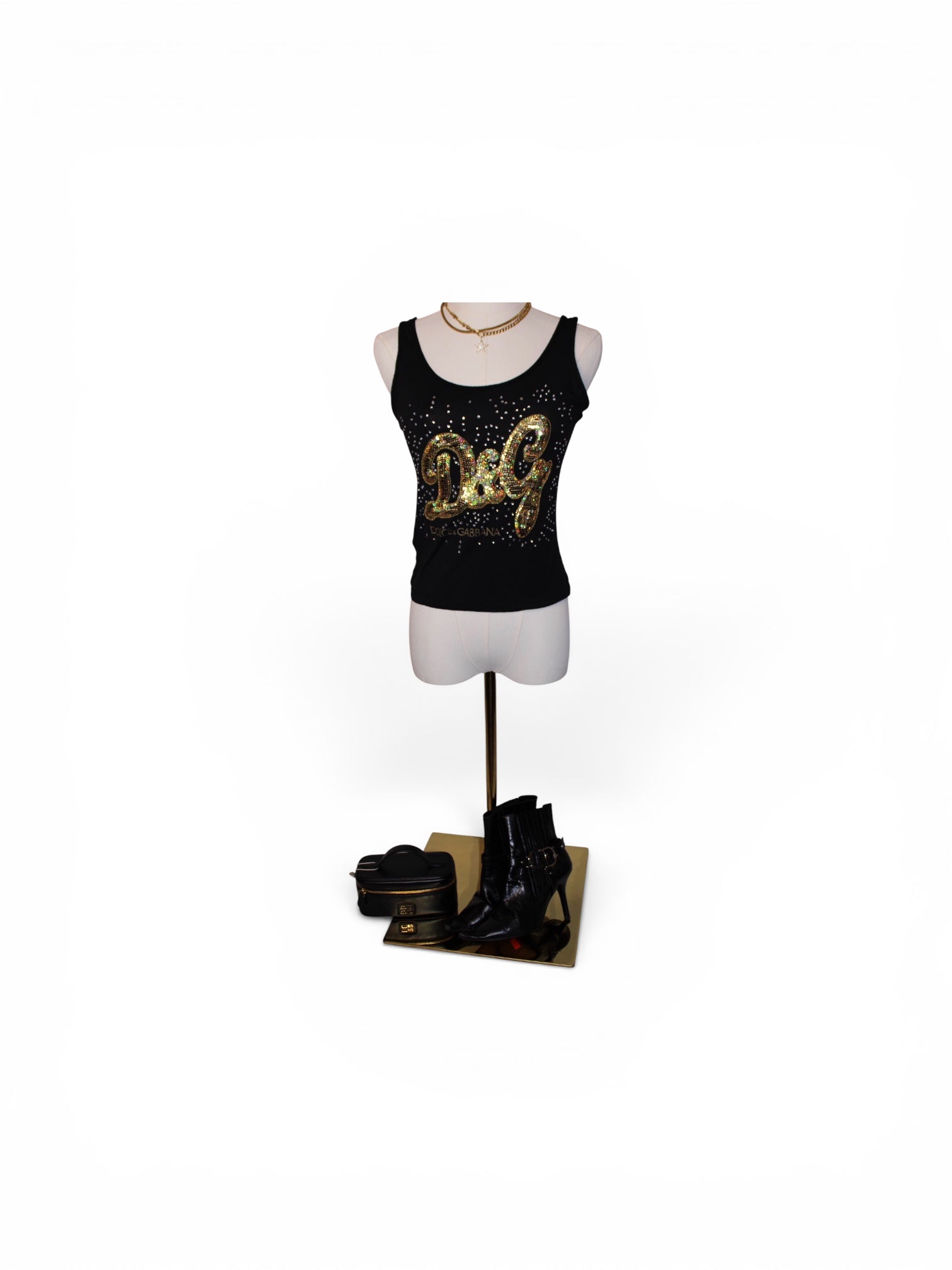 Dolce and Gabbana Black and Gold Embellished D&G Tank Top