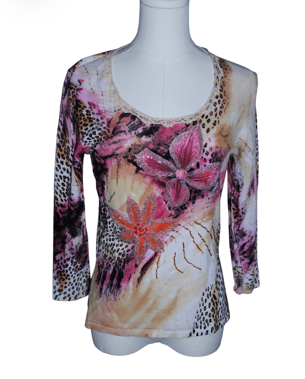 Beaded Floral Animal Print Long Sleeve