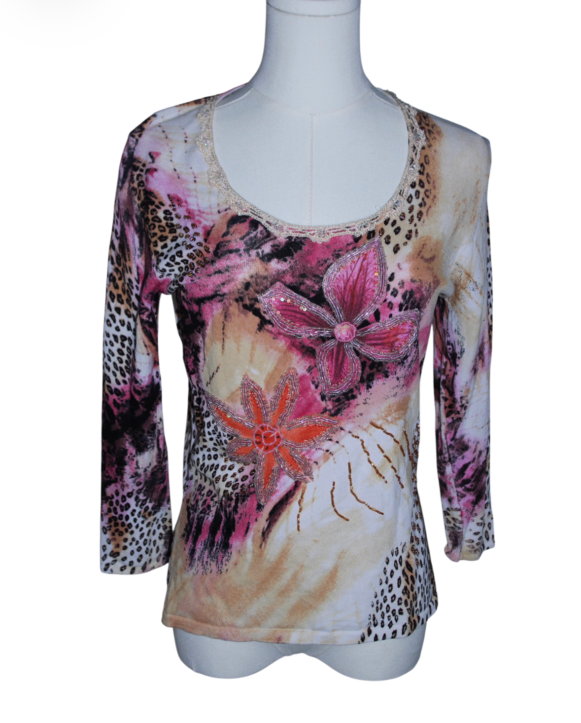 Beaded Floral Animal Print Long Sleeve