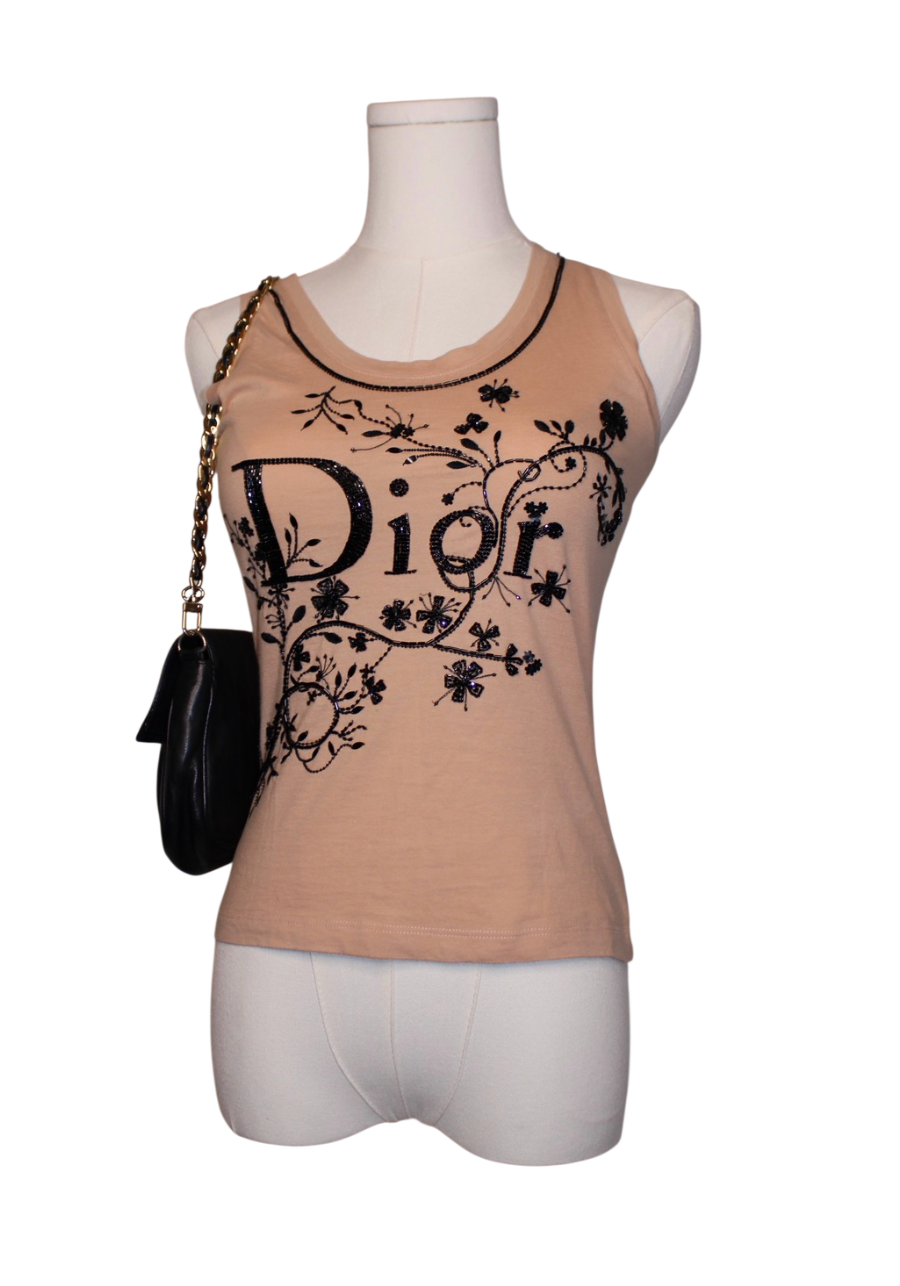 Christian Dior Pink & Black Embellished Logo Tank