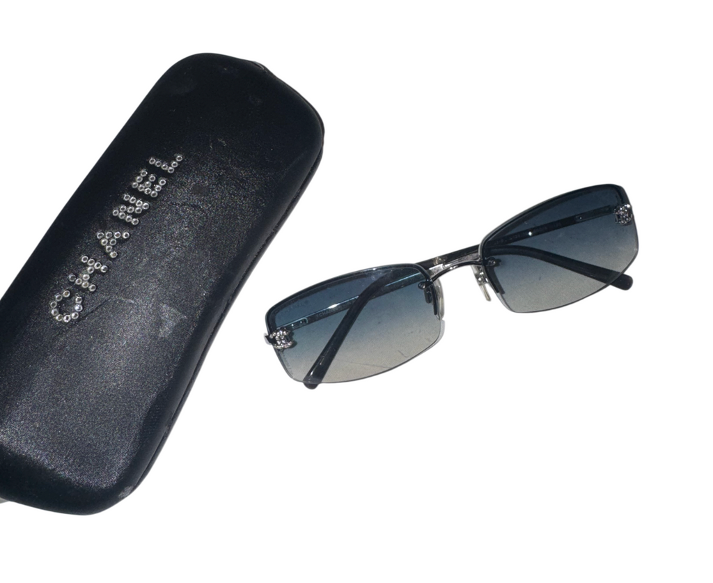 Chanel Black Embellished CC Rimless Sunglasses